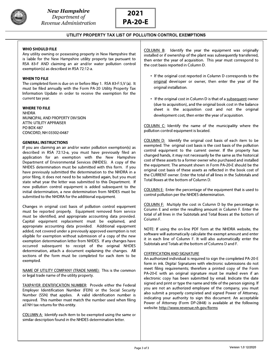 Form PA-20-E Utility Property Tax List of Pollution Control Exemptions - New Hampshire, Page 3
