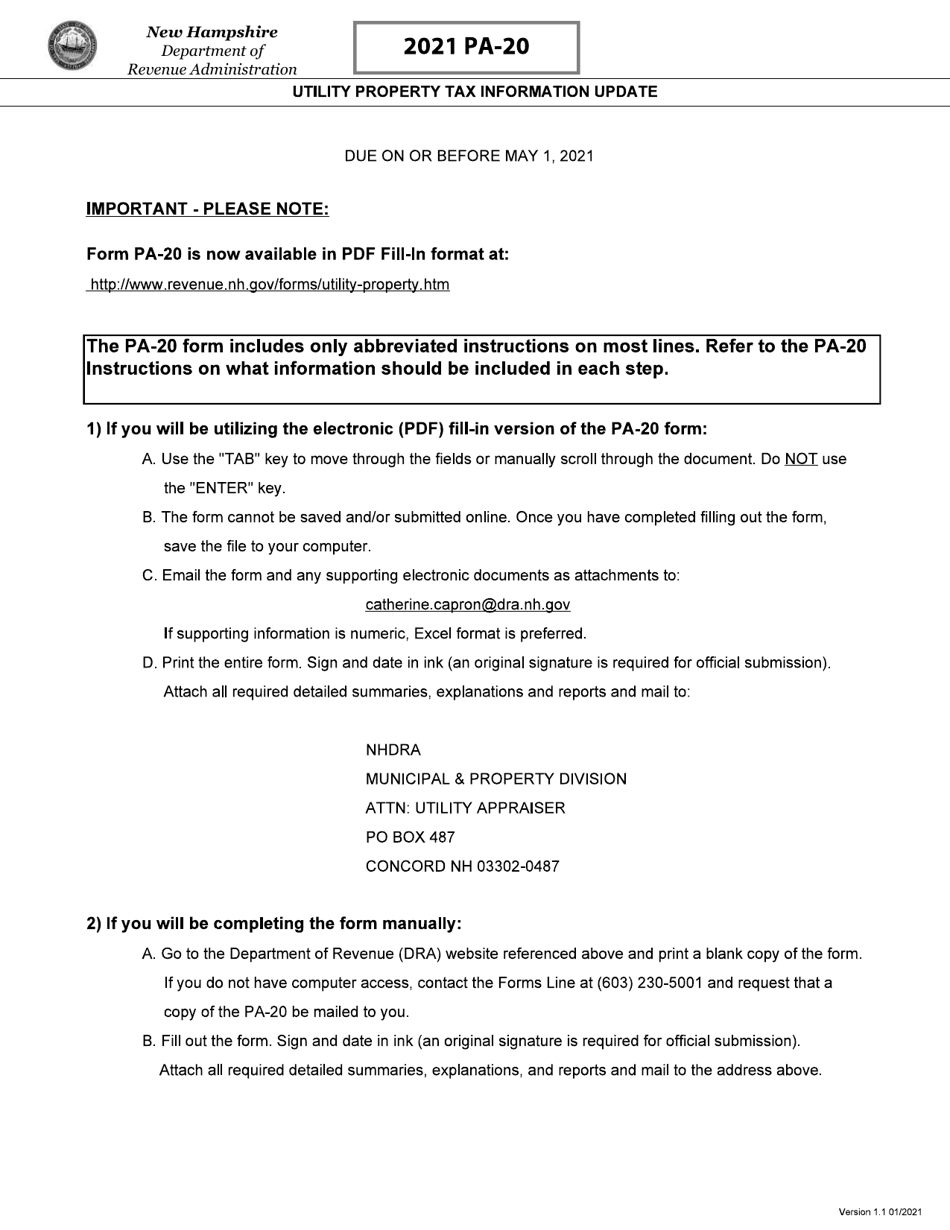 Form PA-20 Utility Property Tax Information Update - New Hampshire, Page 1