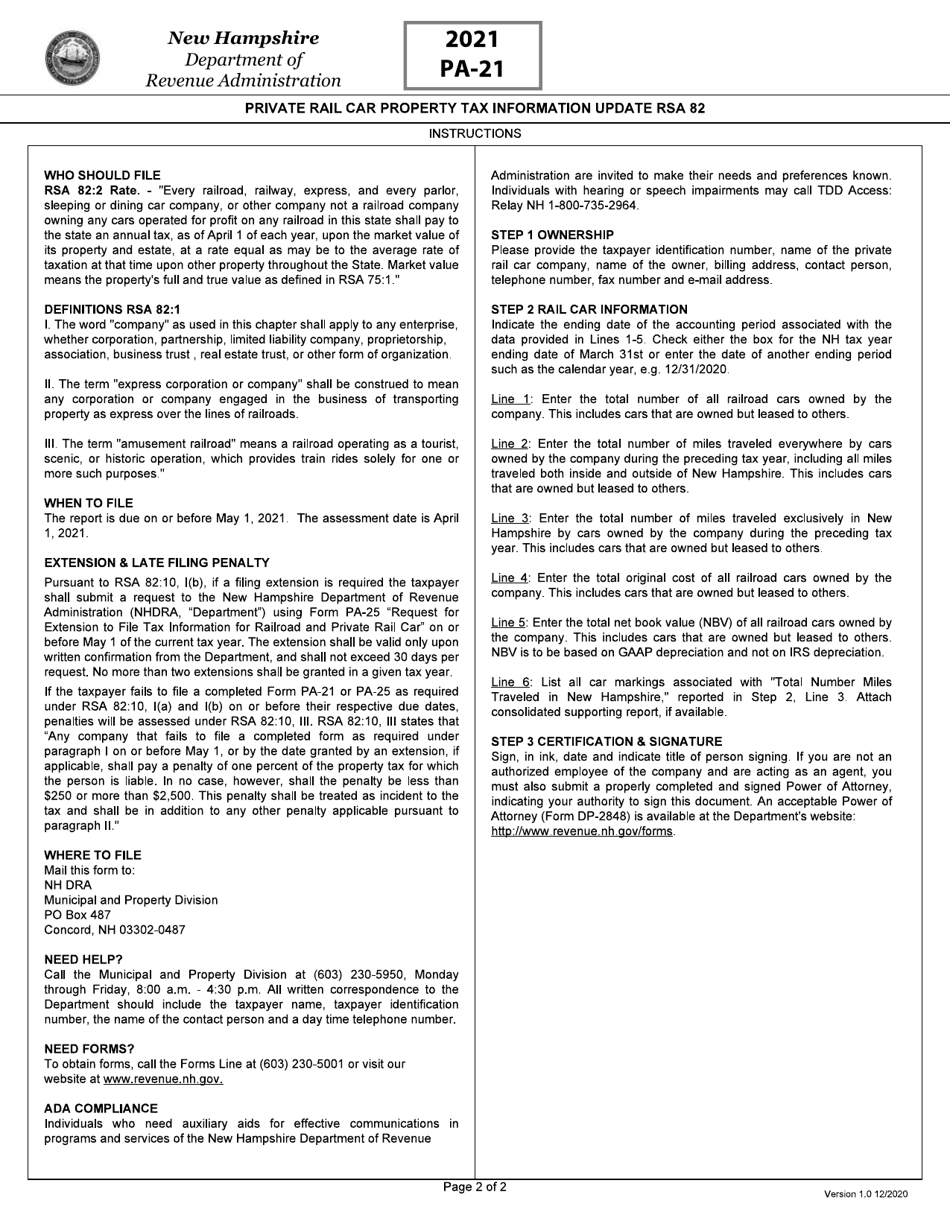 Form PA-21 Private Rail Car Property Tax Information Update - New Hampshire, Page 2