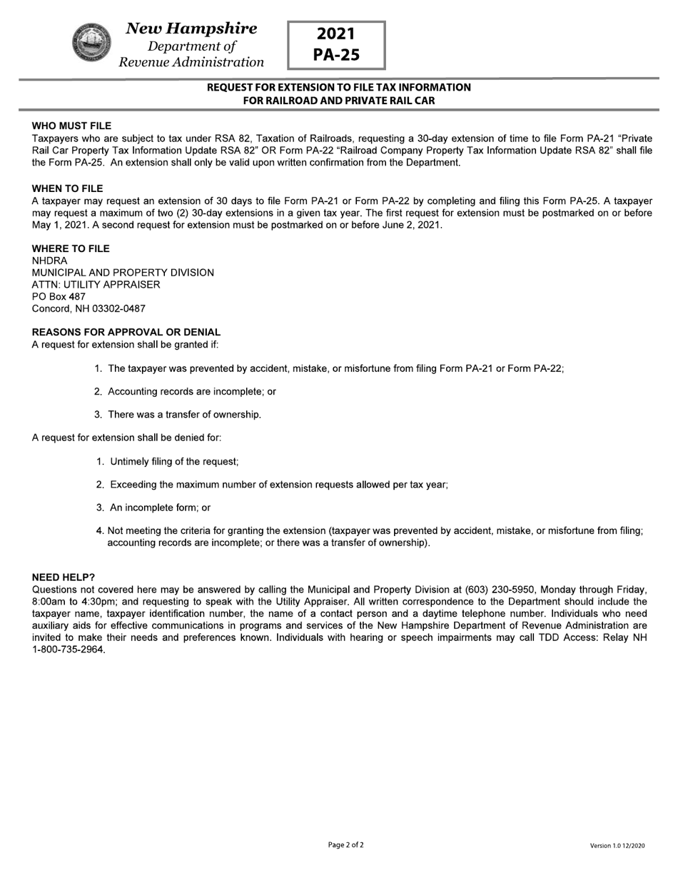 Form PA-25 Request for Extension to File Tax Information for Railroad and Private Rail Car - New Hampshire, Page 2