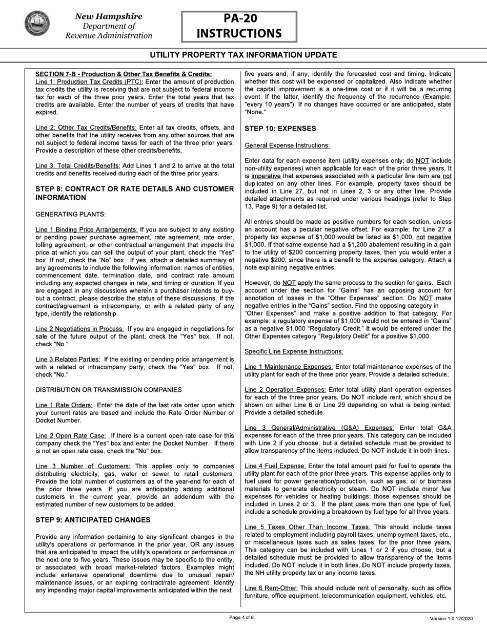 Instructions for Form PA-20 Utility Property Tax Information Update - New Hampshire, Page 4