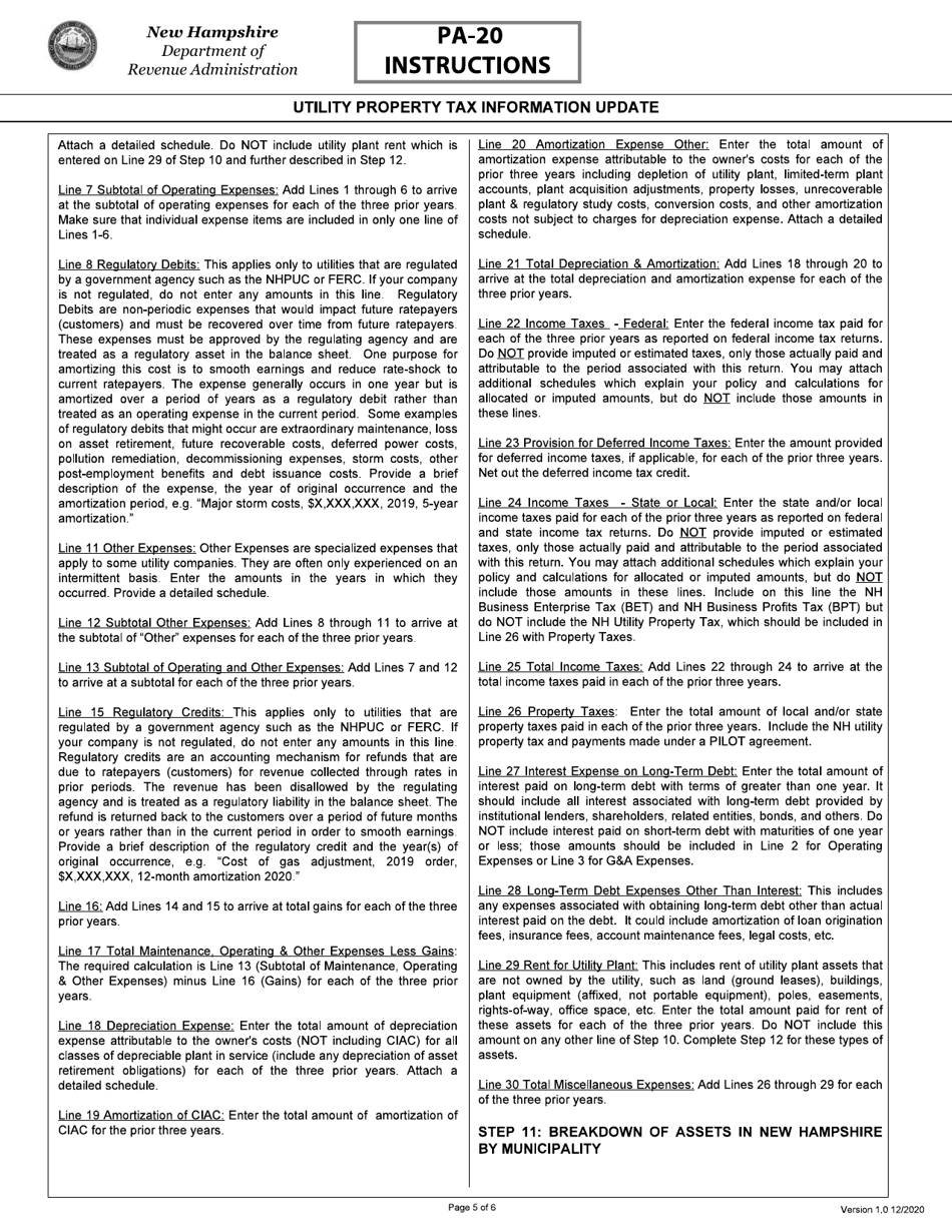Instructions for Form PA-20 Utility Property Tax Information Update - New Hampshire, Page 5