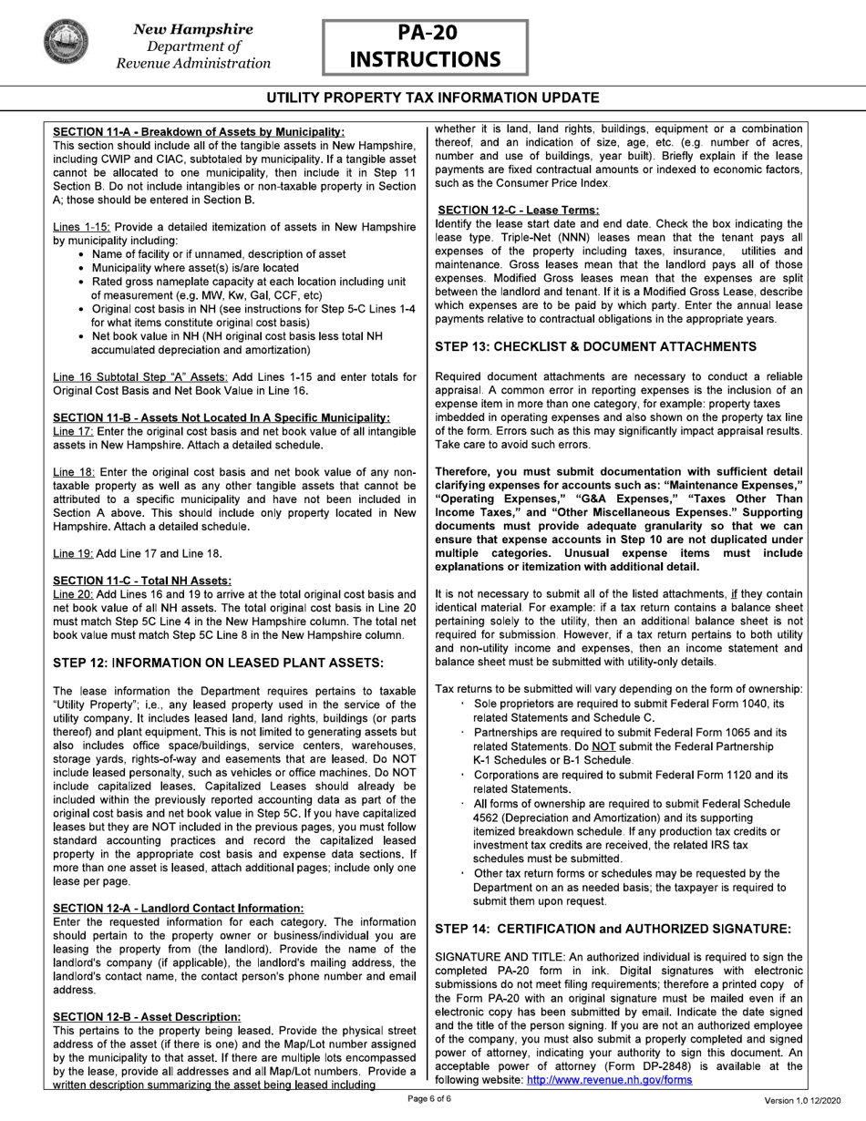Instructions for Form PA-20 Utility Property Tax Information Update - New Hampshire, Page 6