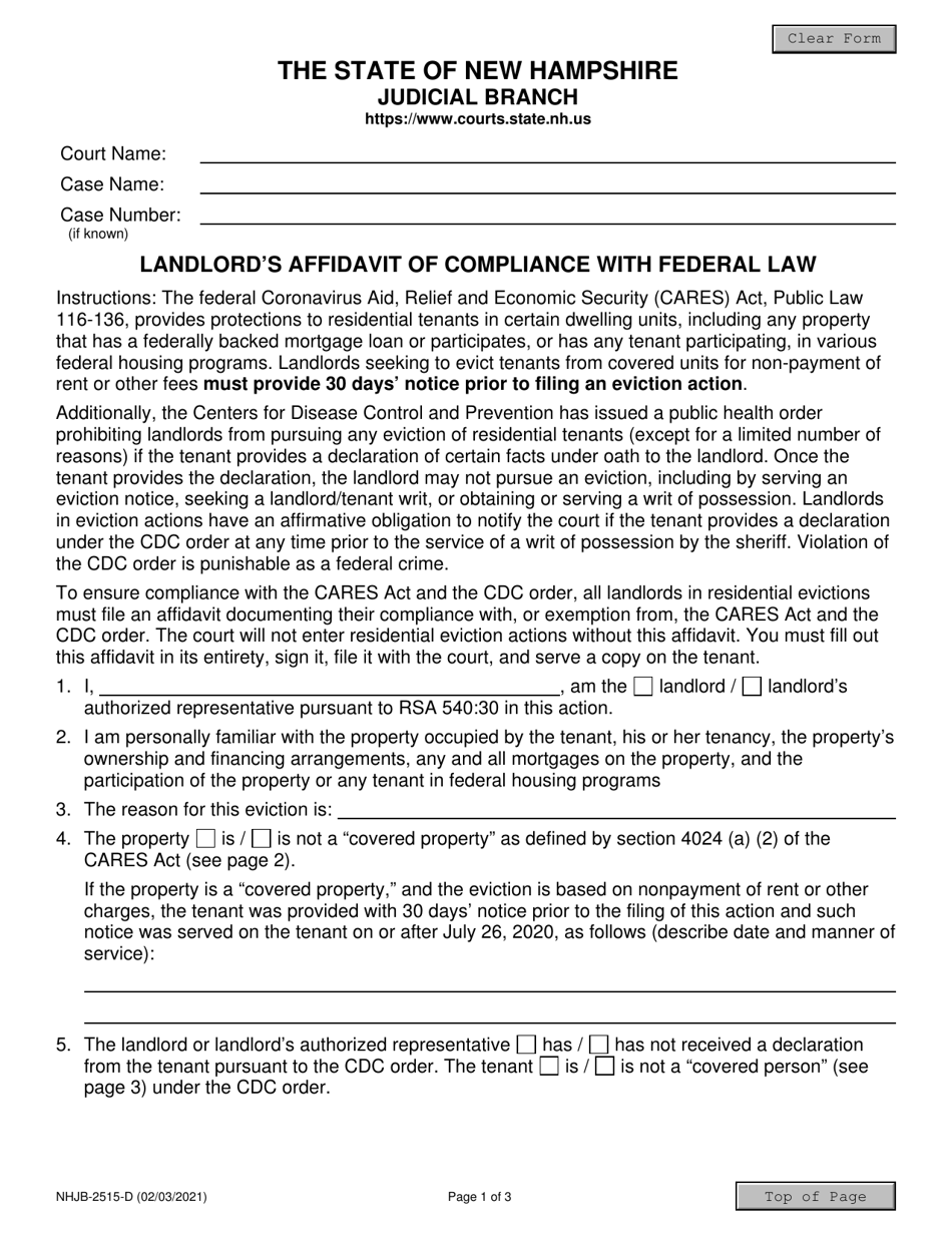 Form NHJB-2515-D Landlords Affidavit of Compliance With Federal Law - New Hampshire, Page 1