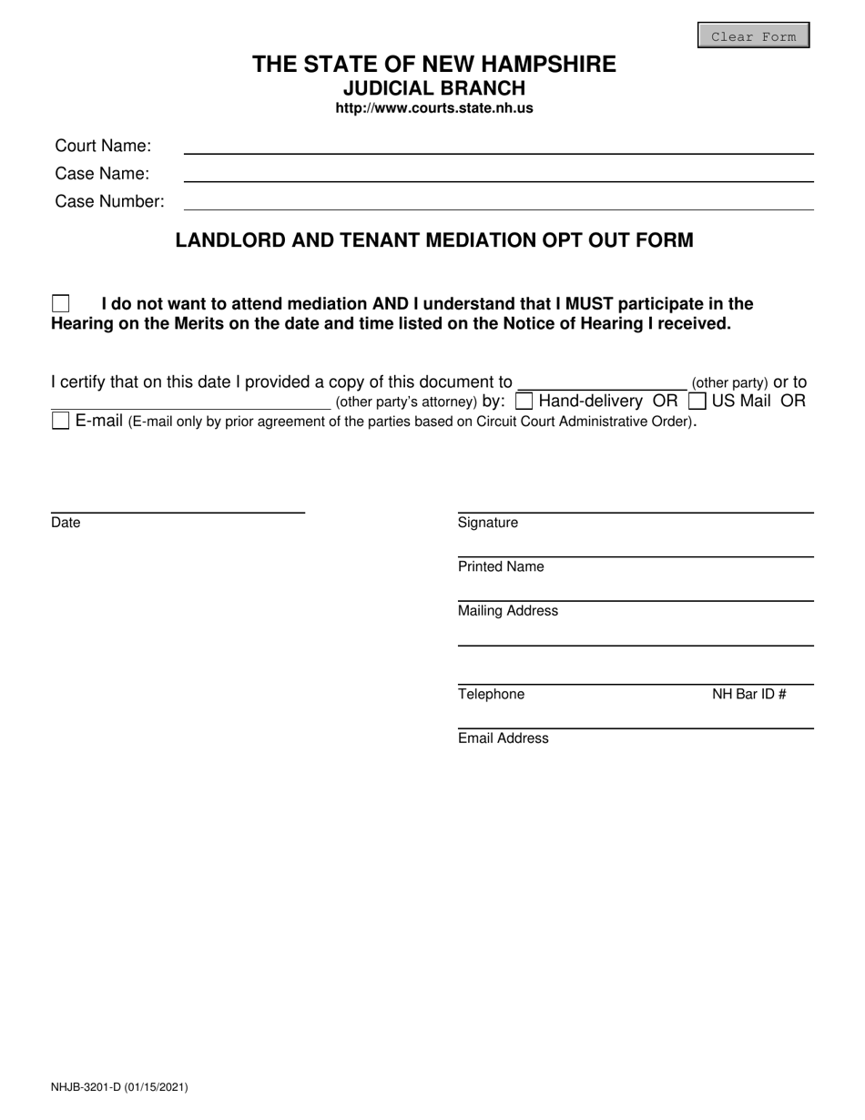 Form NHJB-3201-D Landlord and Tenant Mediation Opt out Form - New Hampshire, Page 1