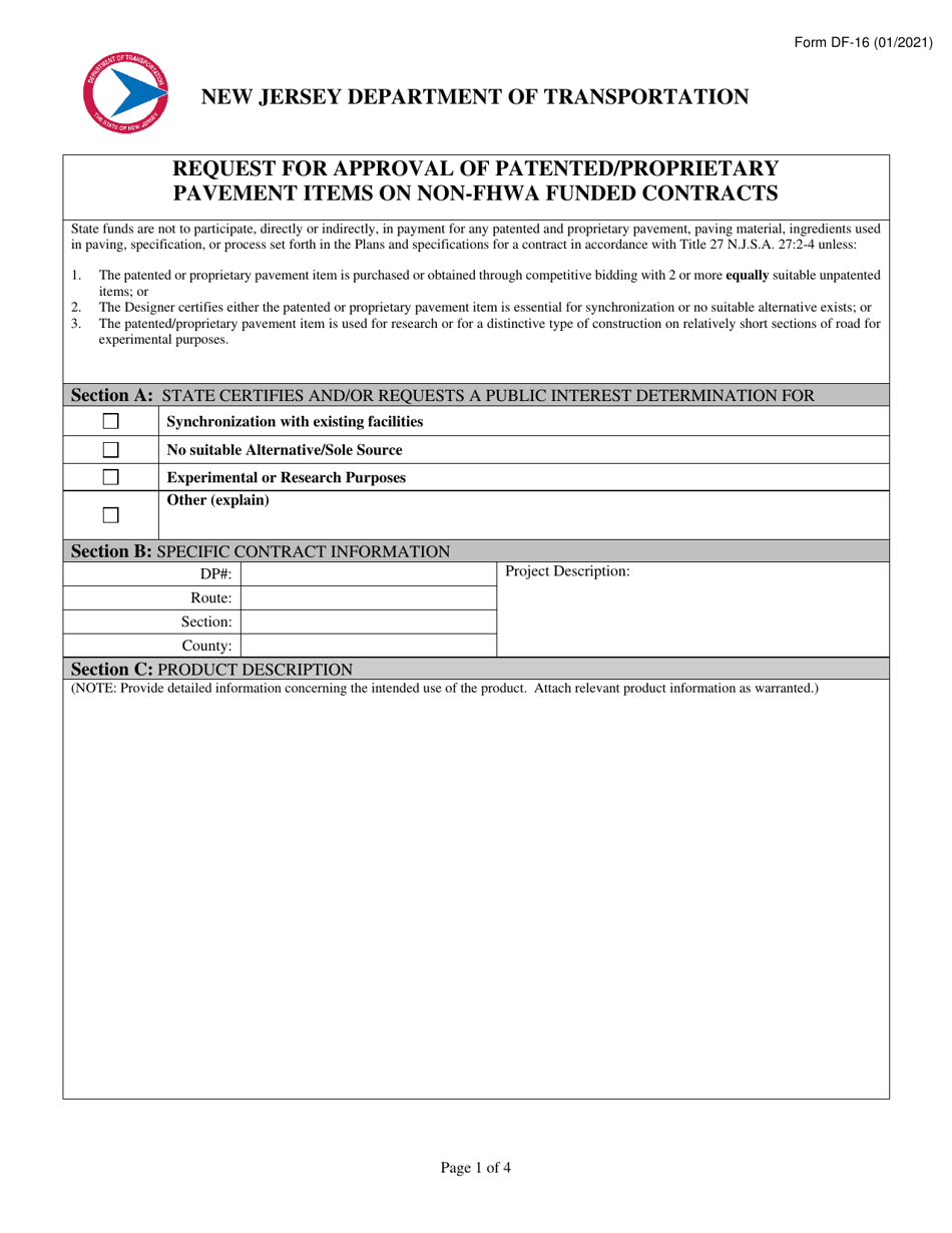 Form DF-16 Request for Approval of Patented / Proprietary Pavement Items on Non-fhwa Funded Contracts - New Jersey, Page 1