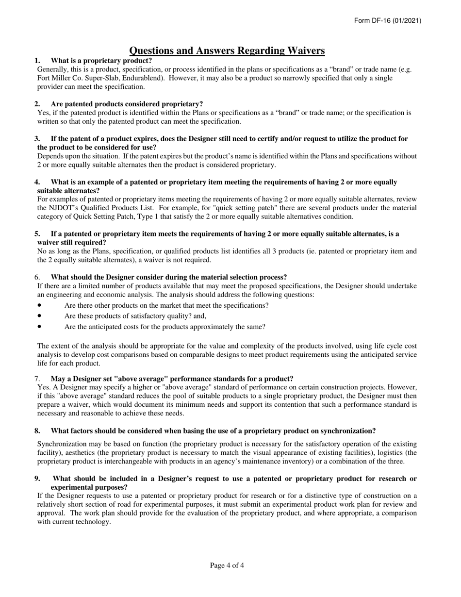 Form DF-16 Request for Approval of Patented / Proprietary Pavement Items on Non-fhwa Funded Contracts - New Jersey, Page 4
