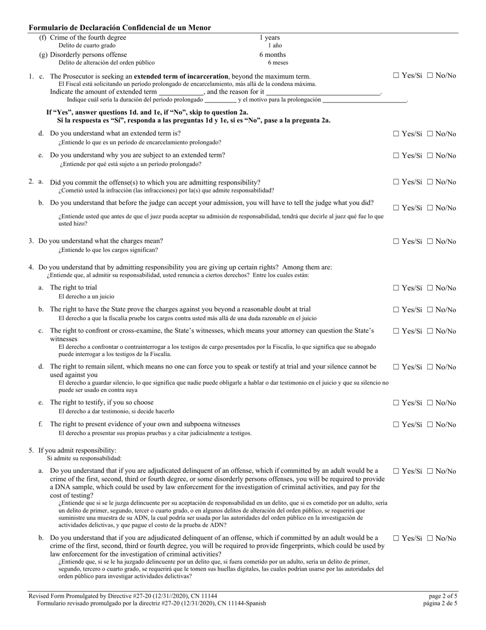 Form 11144 Confidential Juvenile Plea Form - New Jersey (English / Spanish), Page 2