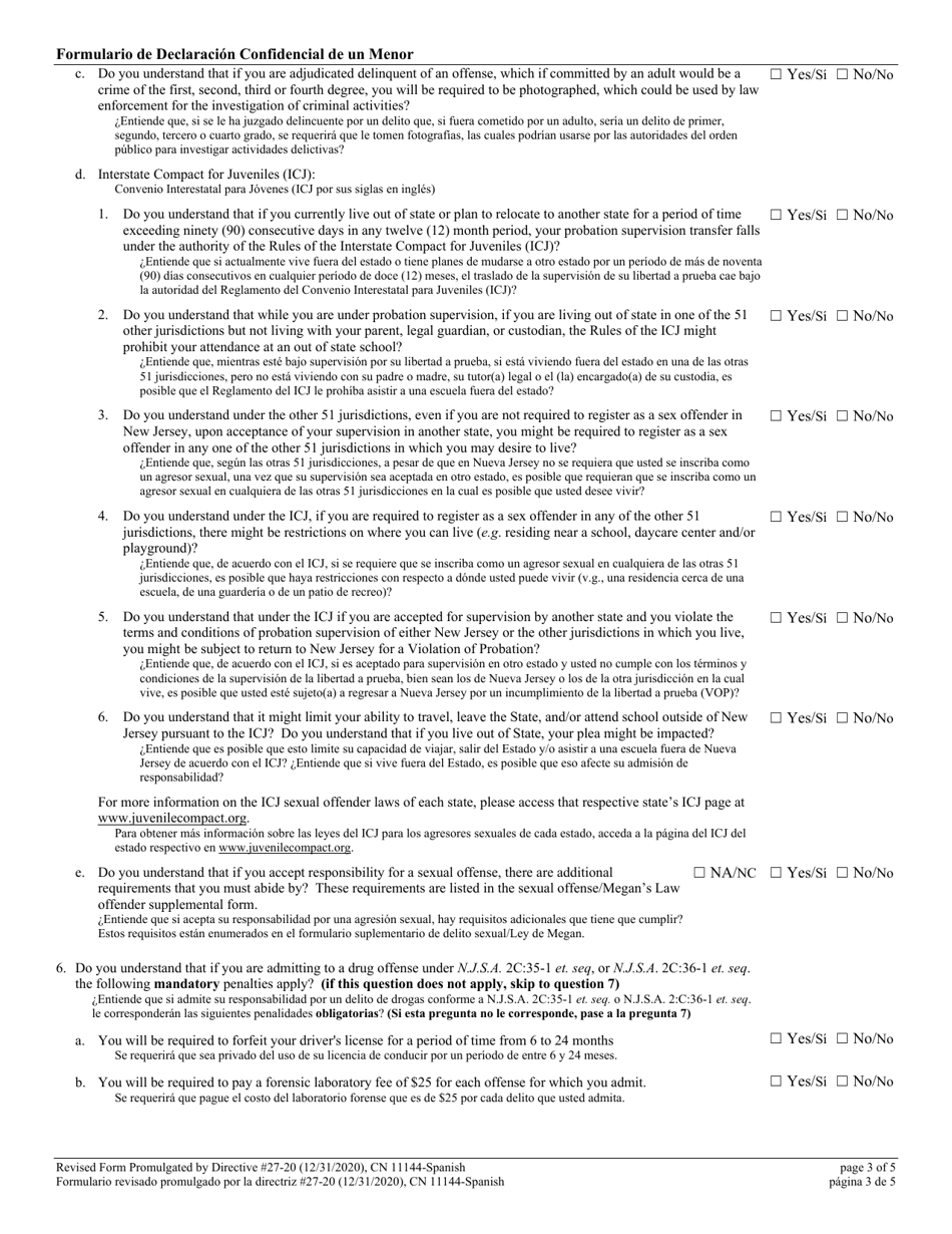 Form 11144 Confidential Juvenile Plea Form - New Jersey (English / Spanish), Page 3