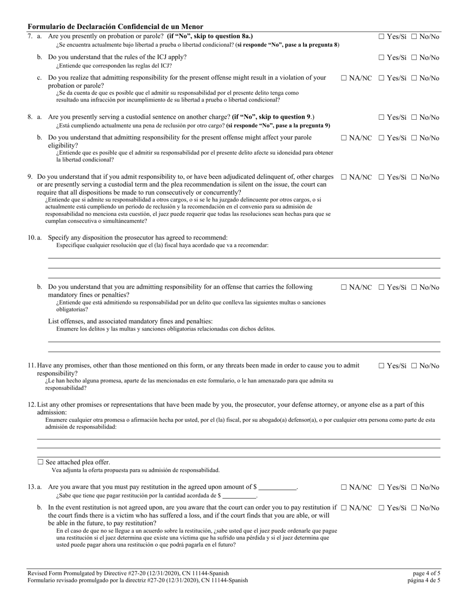 Form 11144 Confidential Juvenile Plea Form - New Jersey (English / Spanish), Page 4