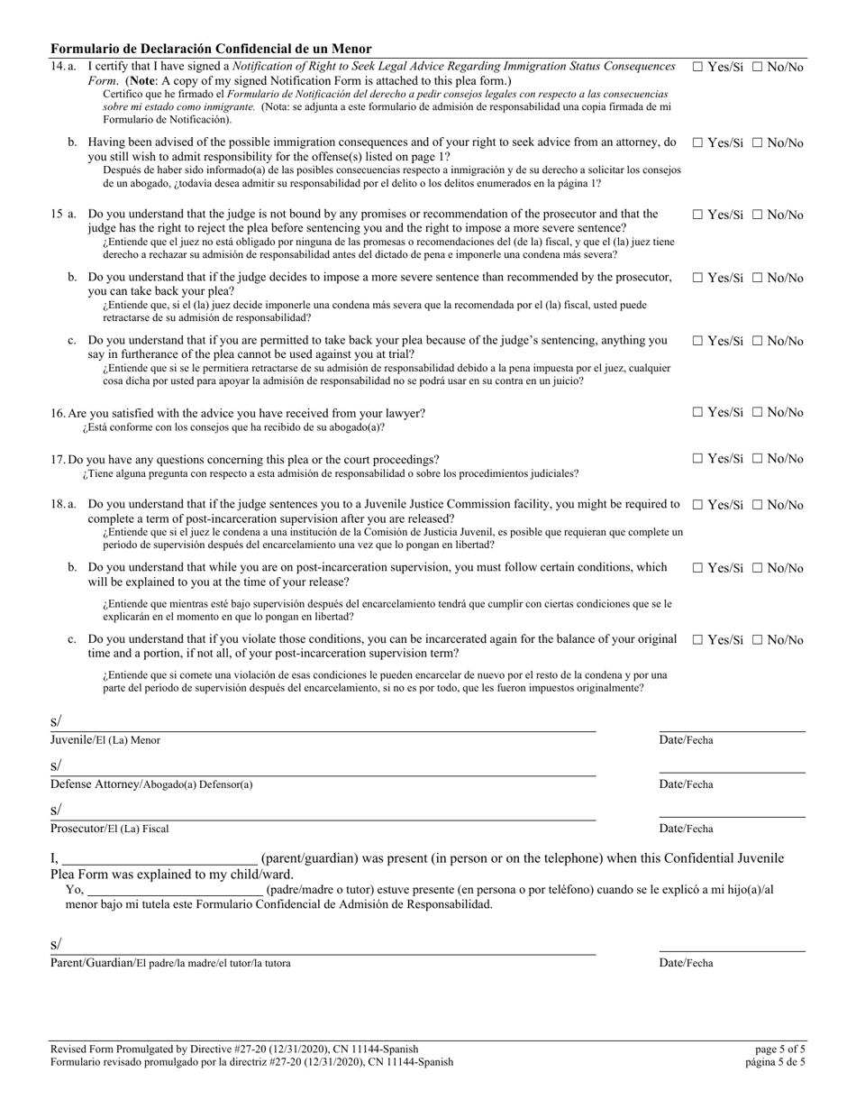 Form 11144 Confidential Juvenile Plea Form - New Jersey (English / Spanish), Page 5