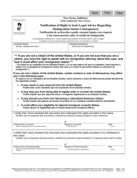 Document preview: Form 11629 Notification of Right to Seek Legal Advice Regarding Immigration Status Consequences - New Jersey (English/Spanish)