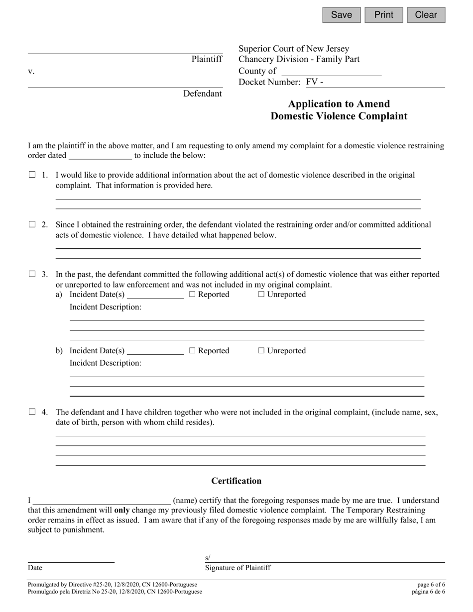 Form 12600 Application to Amend Domestic Violence Complaint - New Jersey (English / Portuguese), Page 6