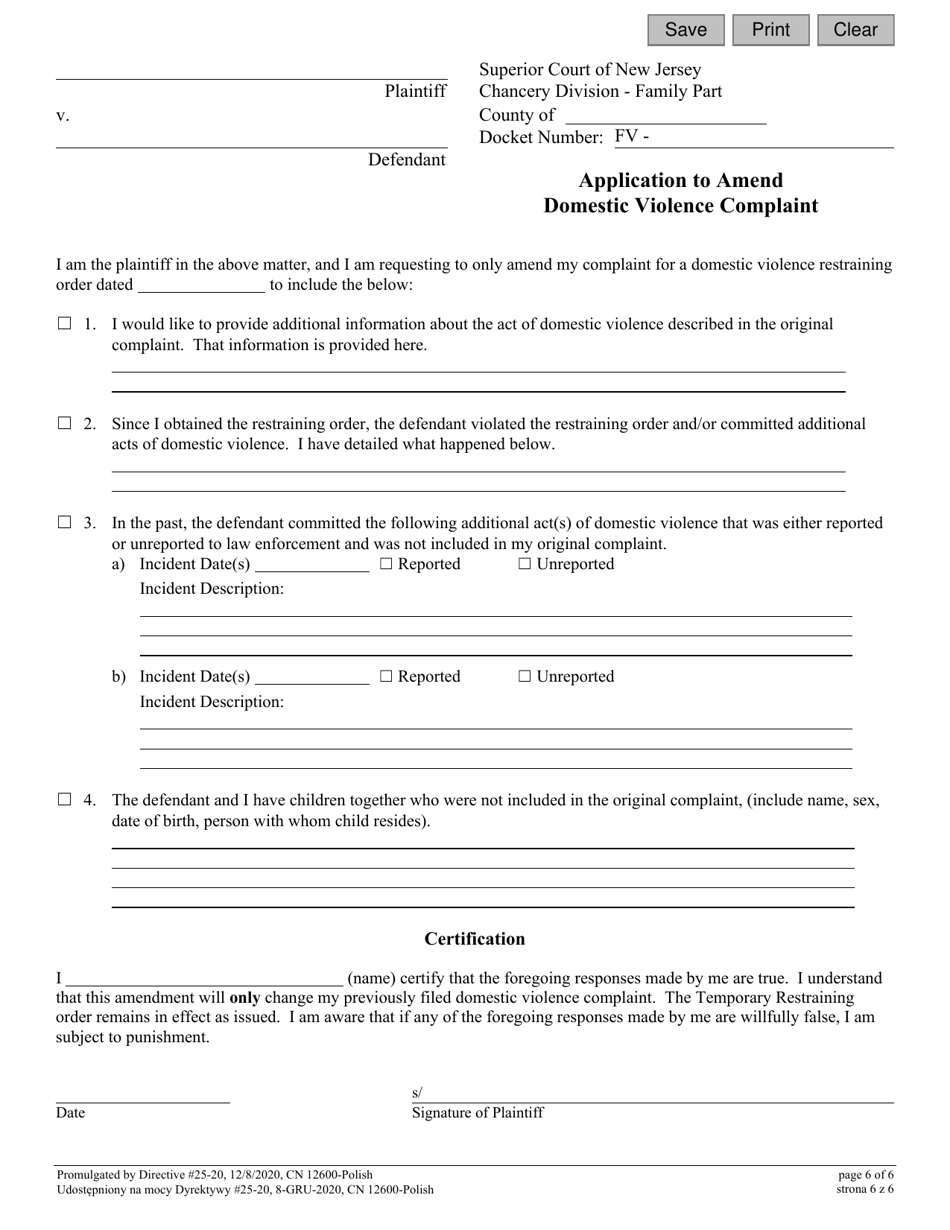 Form 12600 Application to Amend Domestic Violence Complaint - New Jersey (English / Polish), Page 6