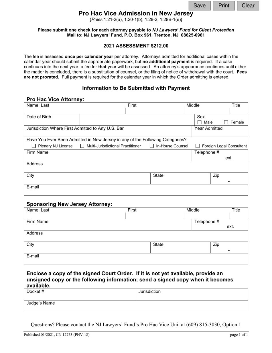 Form 12753 (PHV-18) Pro Hac Vice Admission in New Jersey - New Jersey, Page 1