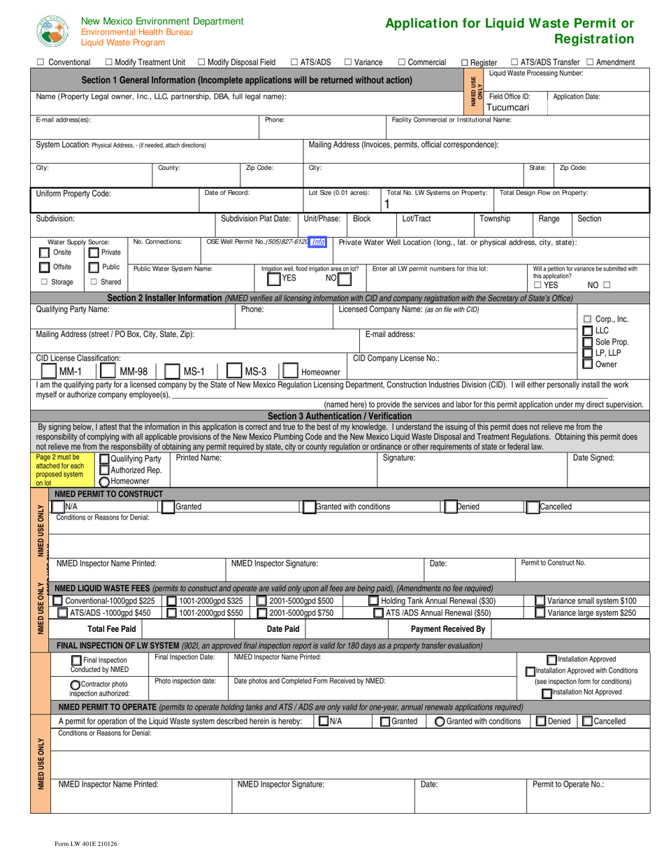 Form LW401E Application for Liquid Waste Permit or Registration - New Mexico, Page 1