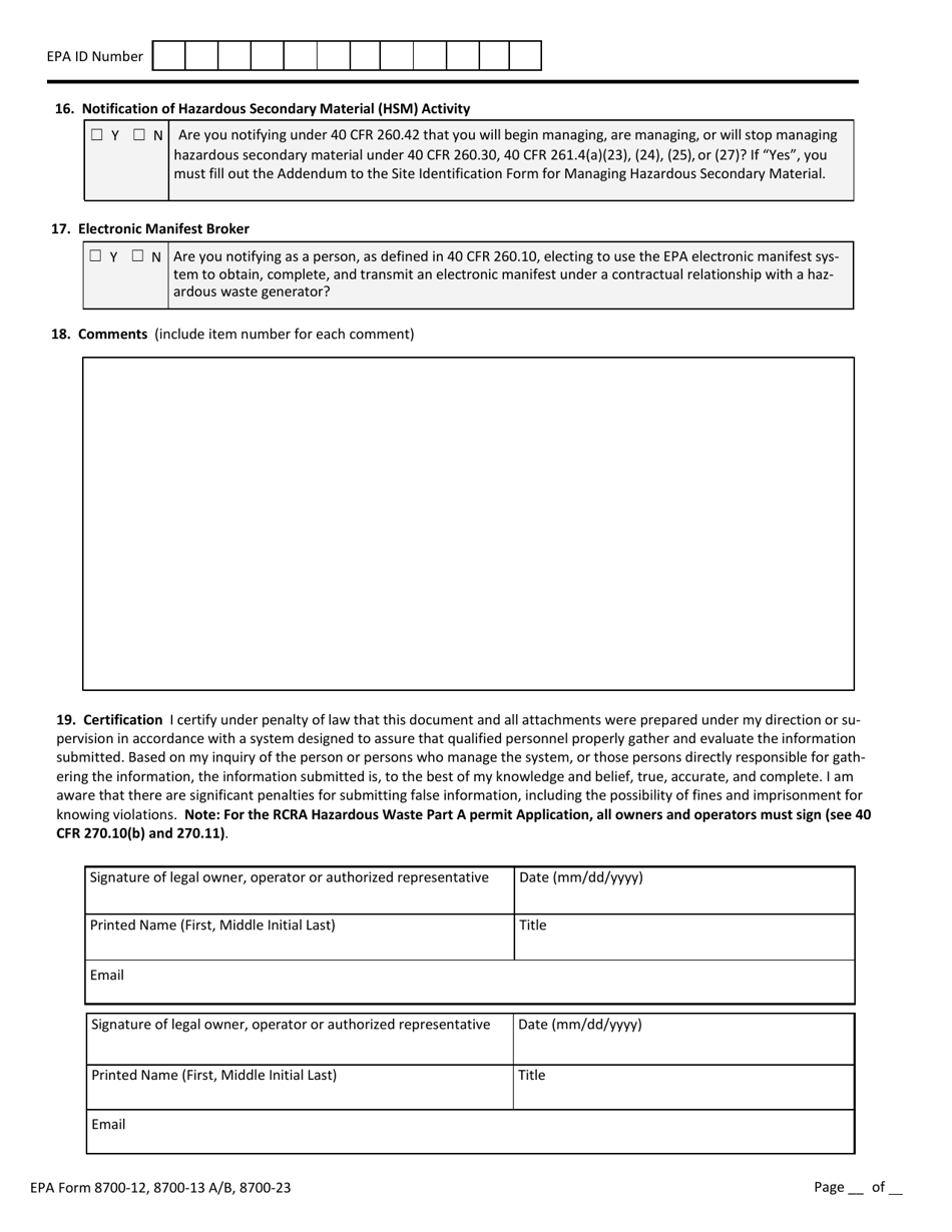 EPA Form 8700-12 (8700-13 A / B; 8700-23) Hazardous Waste Report Site Identification Form - New York, Page 6