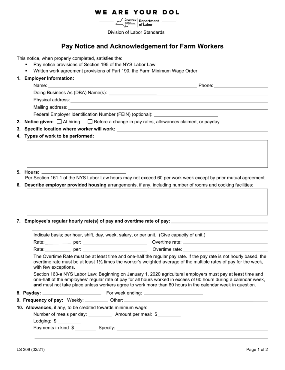 Form LS309 Pay Notice and Acknowledgement for Farm Workers - New York, Page 1