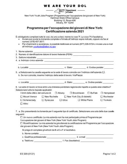 Form ES325I New York Youth Jobs Program: Business Certification - New York (Italian), 2021
