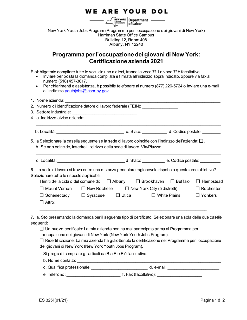 Form ES325I New York Youth Jobs Program: Business Certification - New York (Italian), Page 1