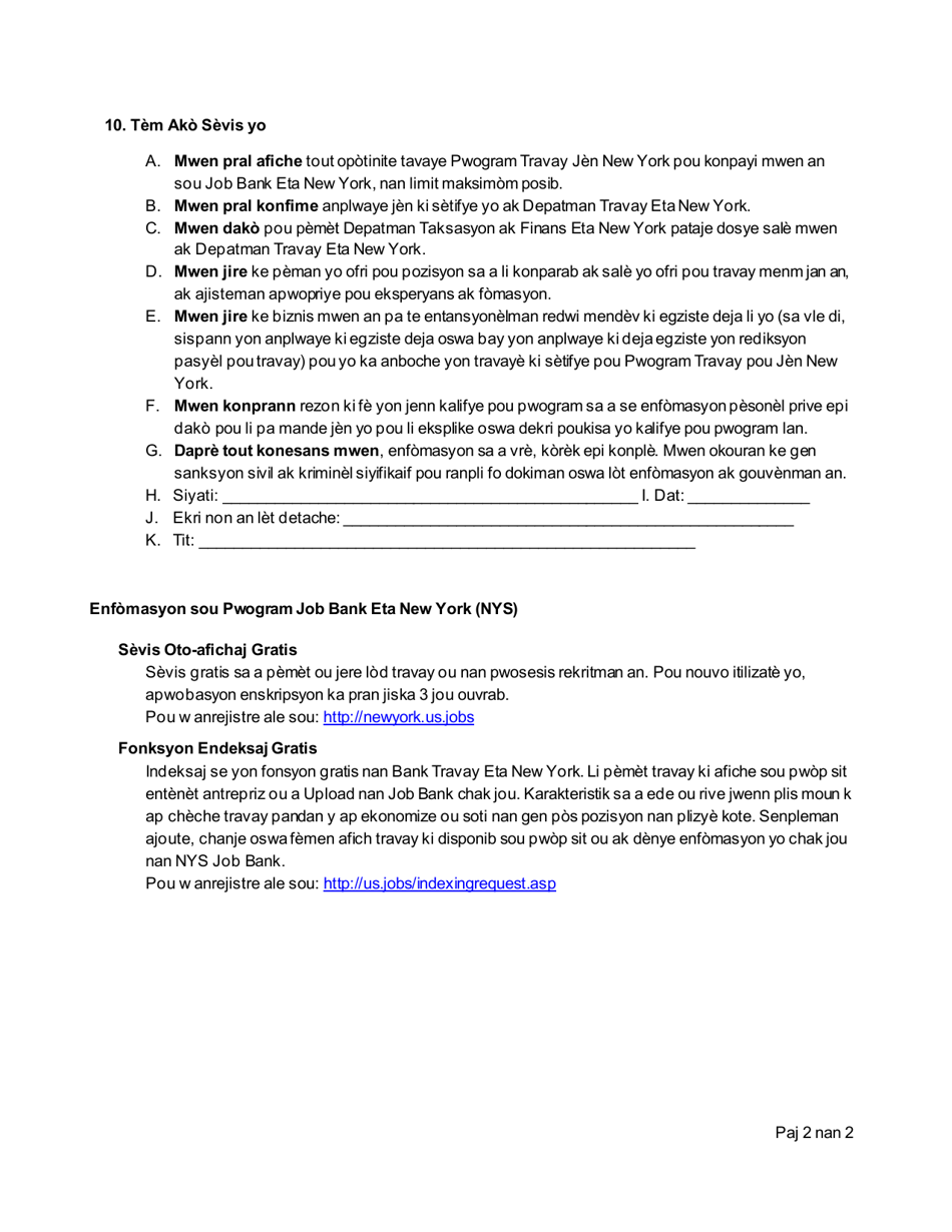 Form ES325HC New York Youth Jobs Program: Business Certification - New York (Haitian Creole), Page 2