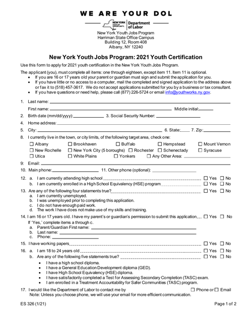 Form ES326 New York Youth Jobs Program: Youth Certification - New York, 2021