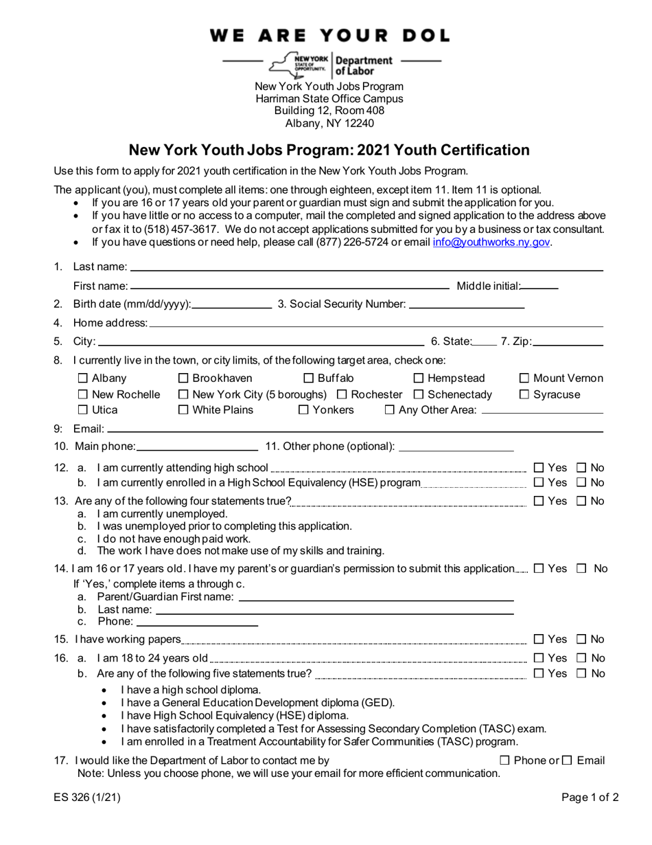 Form ES326 New York Youth Jobs Program: Youth Certification - New York, Page 1