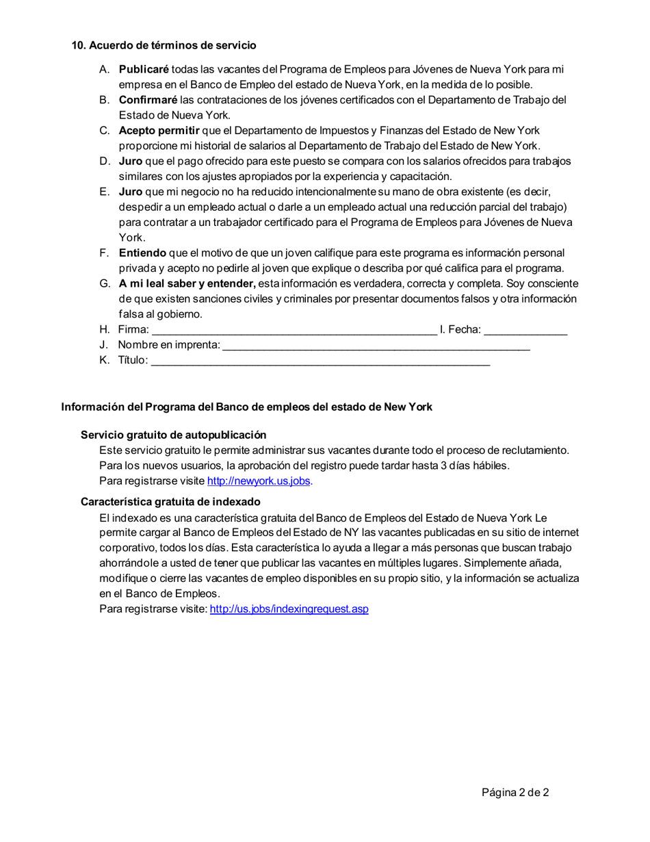 Formulario ES325S Programa De Empleos Para Jovenes De New York: Certificacion Empresarial - New York (Spanish), Page 2