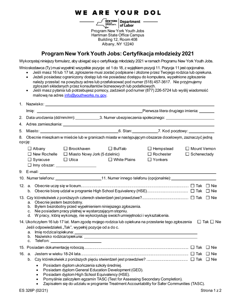 Form ES326P New York Youth Jobs Program: Youth Certification - New York (Polish), Page 1