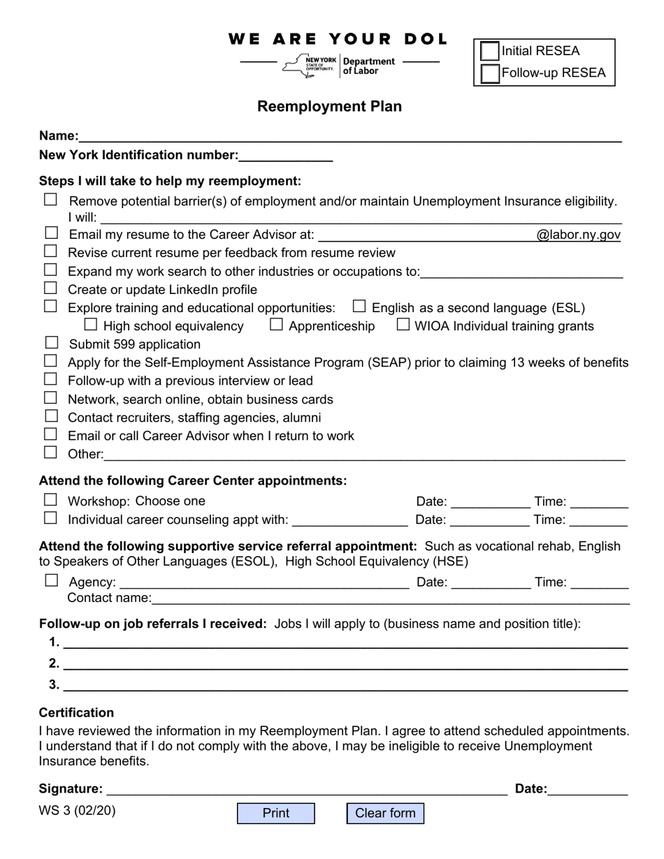 Form WS3 Reemployment Plan - New York, Page 1