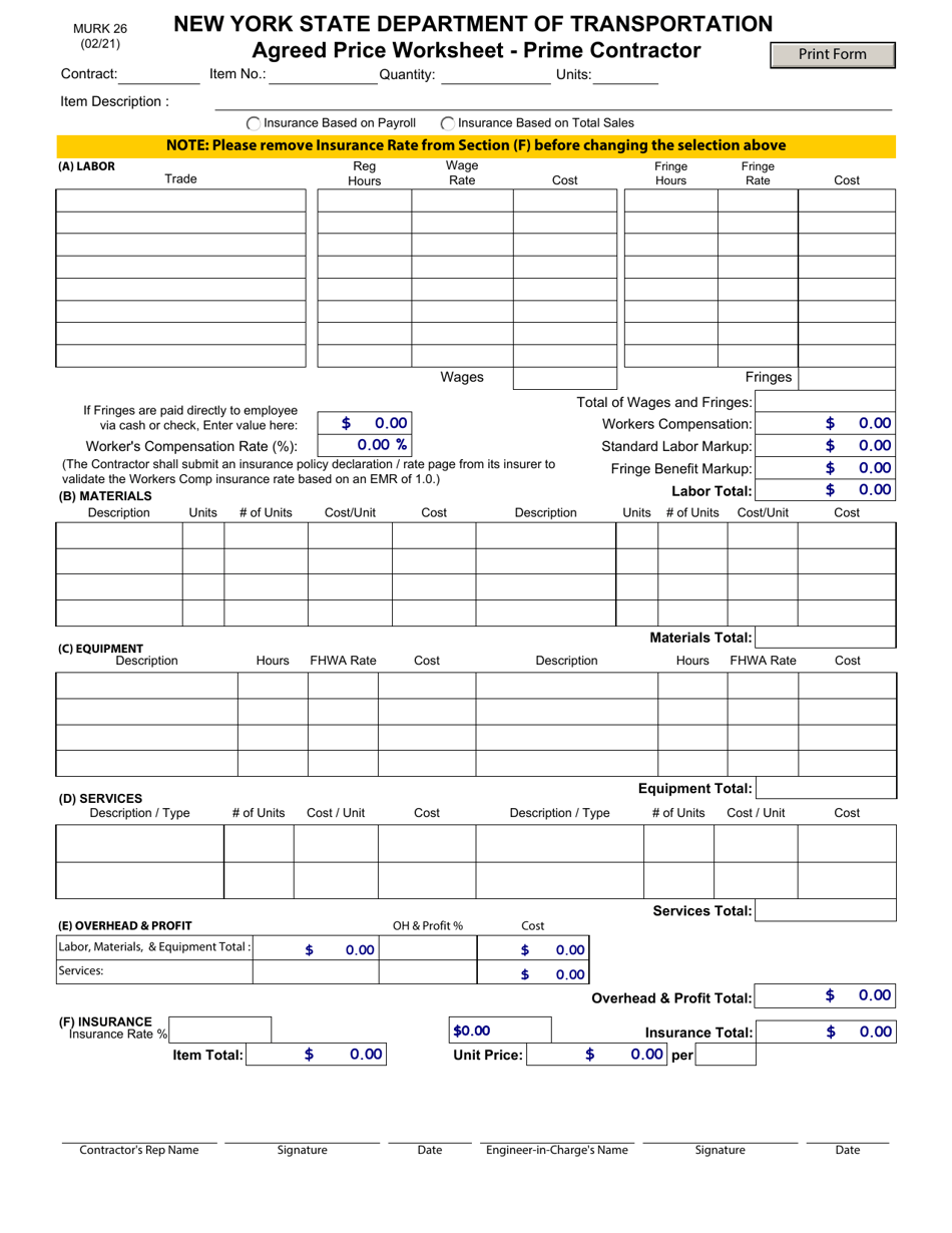 Form MURK26 Agreed Price Worksheet - Prime Contractor - New York, Page 1