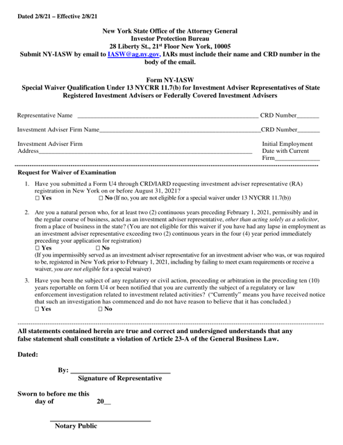 Form NY-IASW Special Waiver Qualification Under 13 Nycrr 11.7(B) for Investment Adviser Representatives of State Registered Investment Advisers or Federally Covered Investment Advisers - New York
