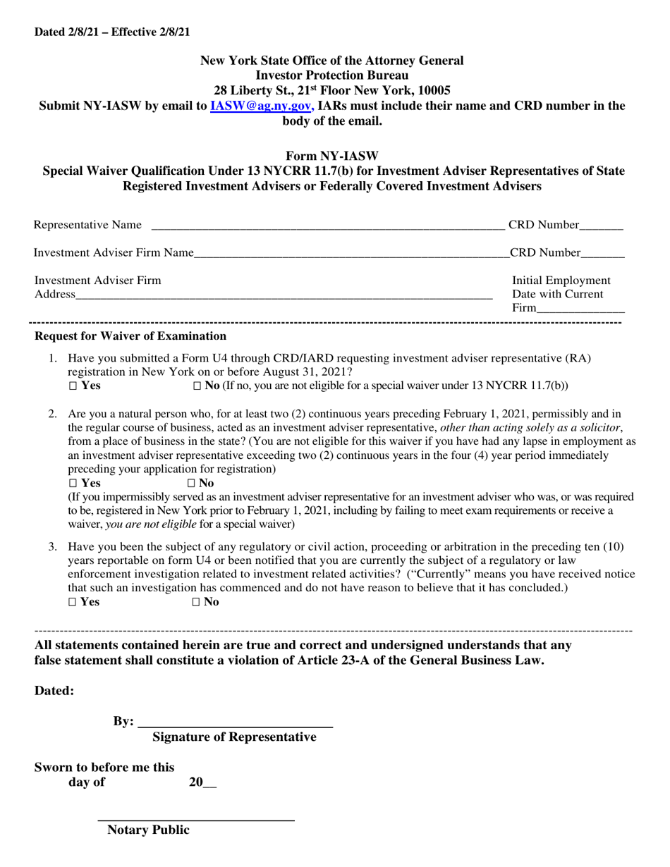 Form NY-IASW Special Waiver Qualification Under 13 Nycrr 11.7(B) for Investment Adviser Representatives of State Registered Investment Advisers or Federally Covered Investment Advisers - New York, Page 1