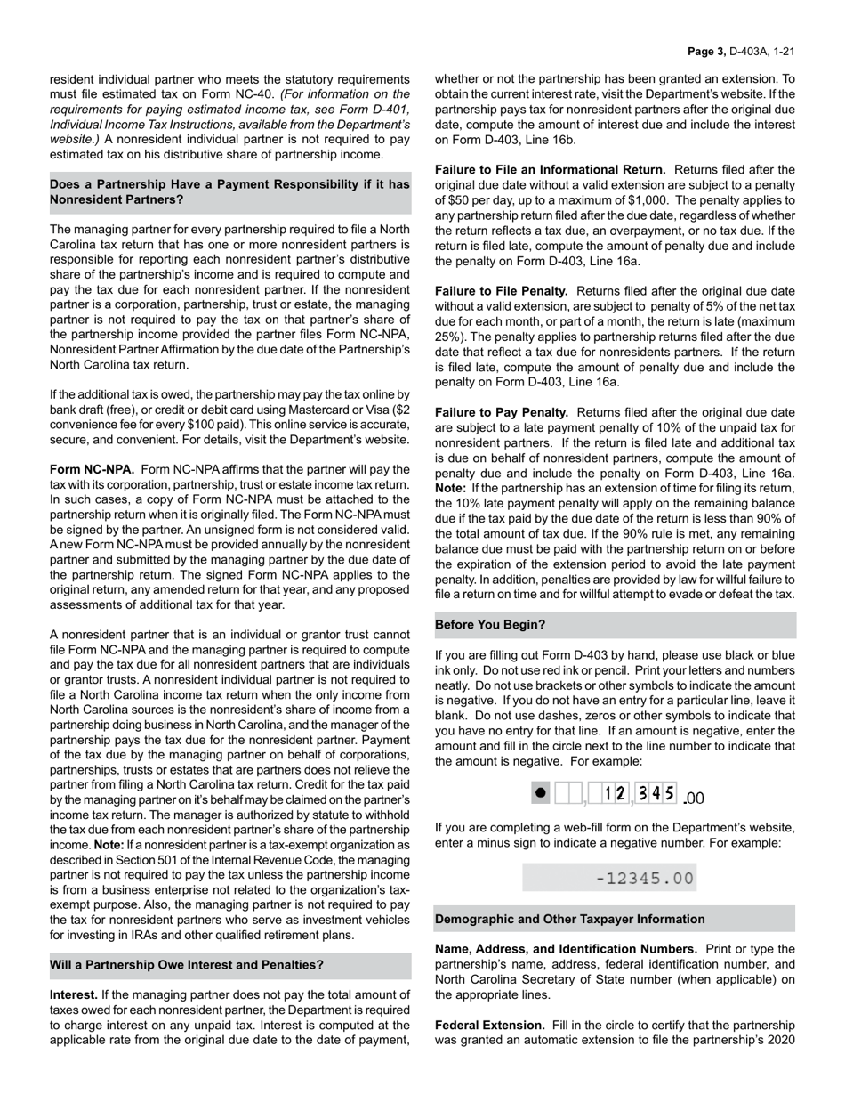 Instructions for Form D-403 Partnership Income Tax Return - North Carolina, Page 3