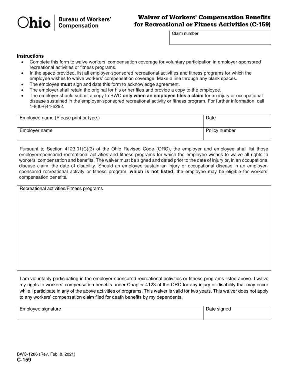 Form C-159 (BWC-1286) Waiver of Workers Compensation Benefits for Recreational or Fitness Activities - Ohio, Page 1