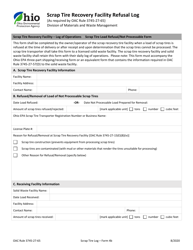 Document preview: Form 4B Scrap Tire Recovery Facility Refusal Log - Ohio