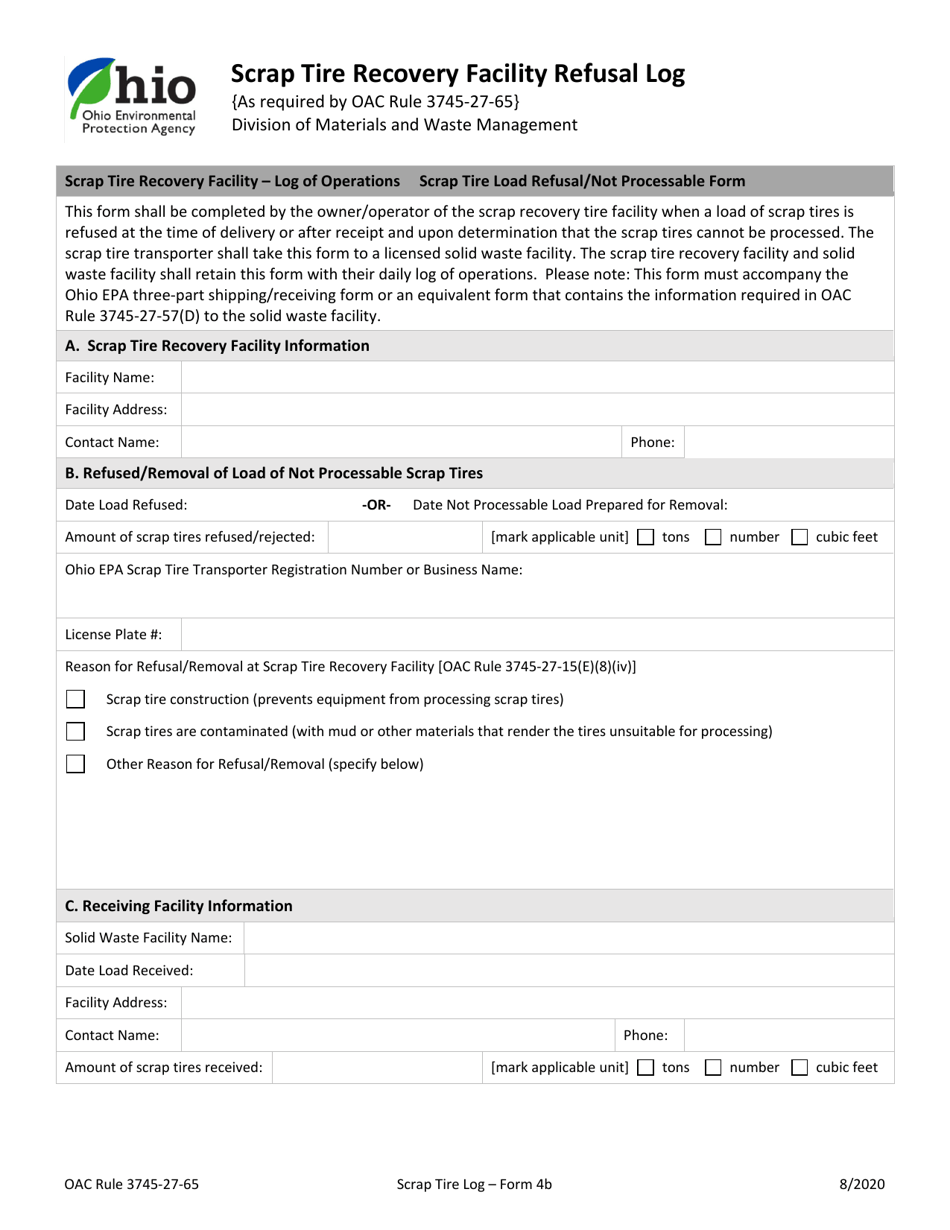 Form 4B Scrap Tire Recovery Facility Refusal Log - Ohio, Page 1