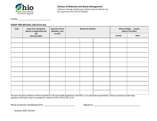Document preview: Form 4A Scrap Tire Refusal Log - Ohio
