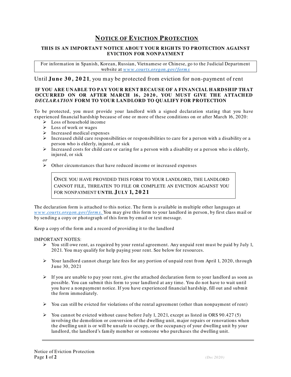 Declaration of Financial Hardship for Eviction Protection - Oregon, Page 1