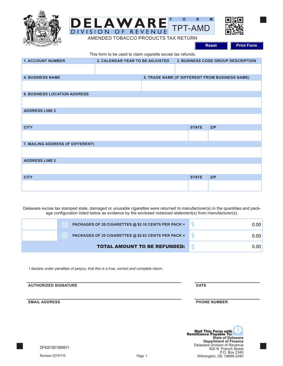 Form TPT-AMD Amended Tobacco Products Tax Return - Delaware, Page 1
