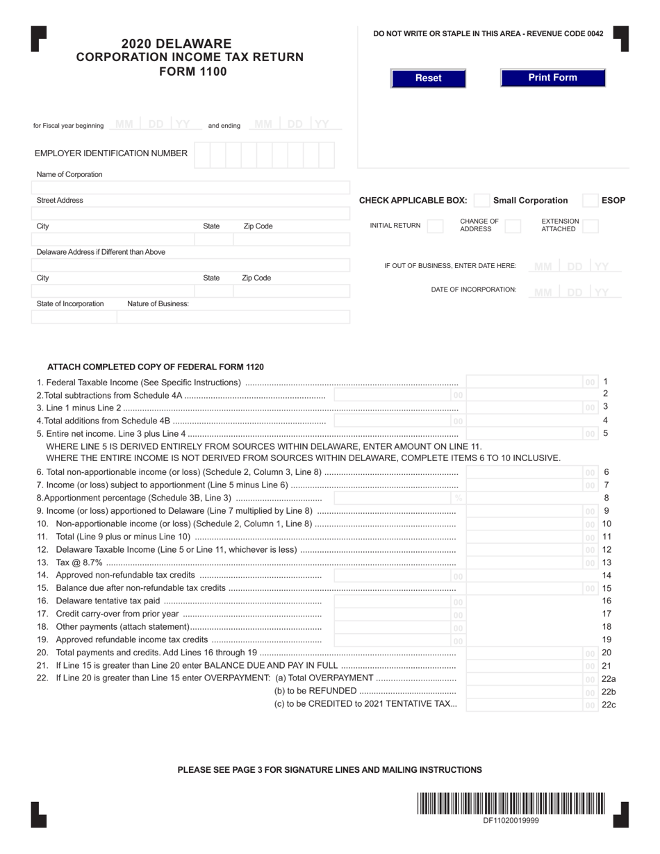 Form 1100 Download Fillable Pdf Or Fill Online Corporation Income Tax Return 2020 Delaware 0763