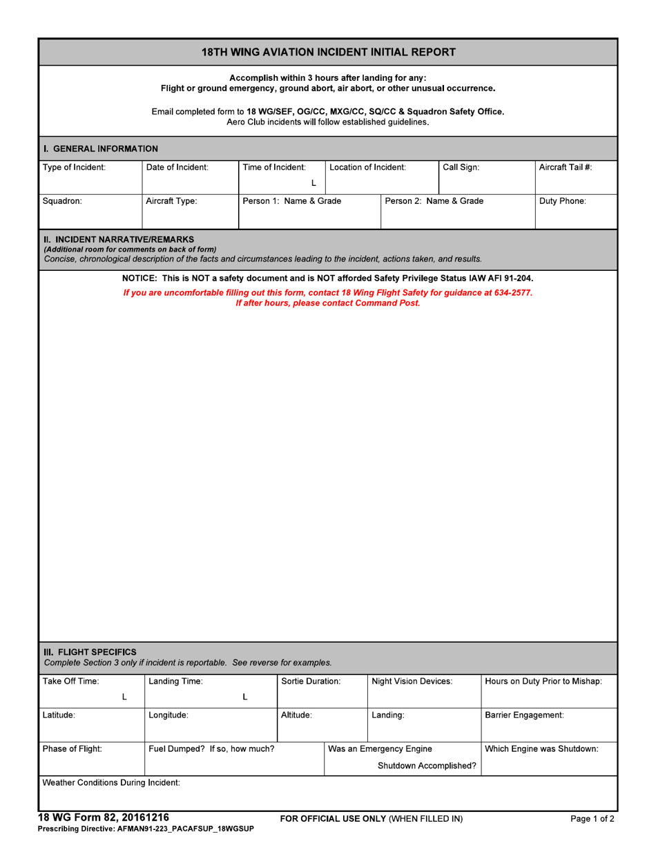 18 WG Form 82 18th Wing Aviation Incident Initial Report, Page 1