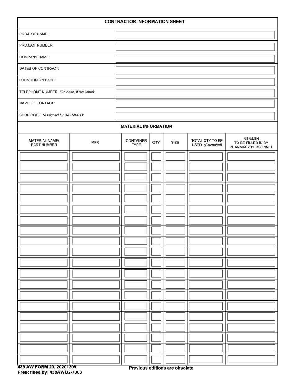 439 AW Form 20 Contractor Information Sheet, Page 1