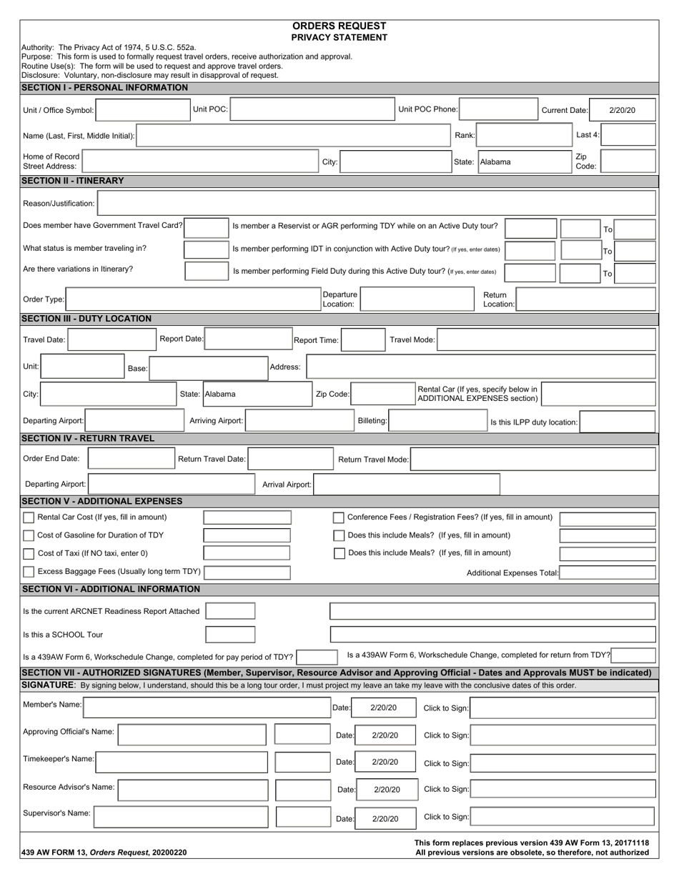 439 AW Form 13 - Fill Out, Sign Online and Download Fillable PDF ...