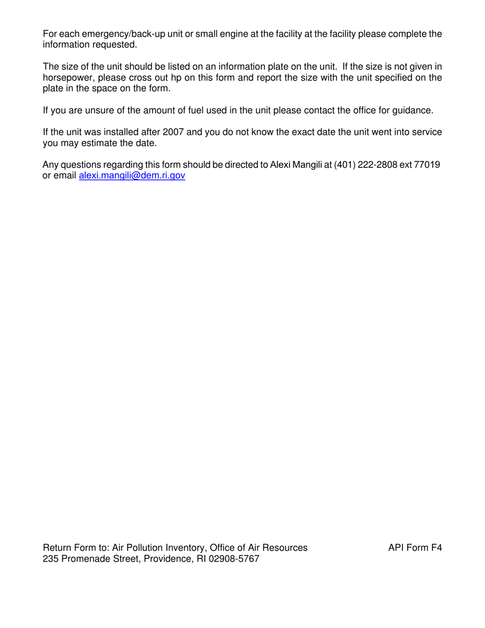API Form F4 Emergency / Back-Up Generators Small Engines - Rhode Island, Page 2