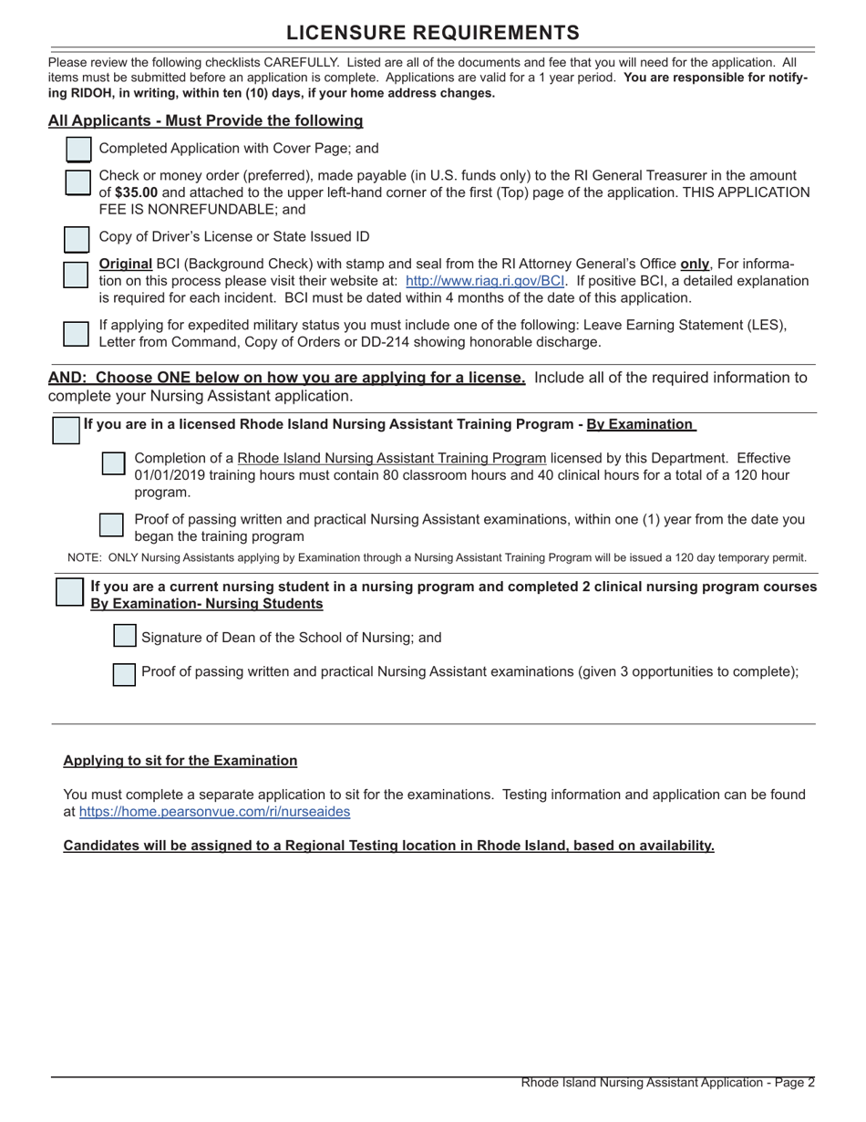 Application for License as a Nursing Assistant by Examination - Rhode Island, Page 2