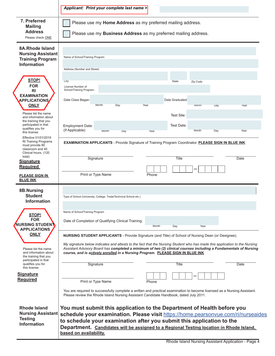 Application for License as a Nursing Assistant by Examination - Rhode Island, Page 4