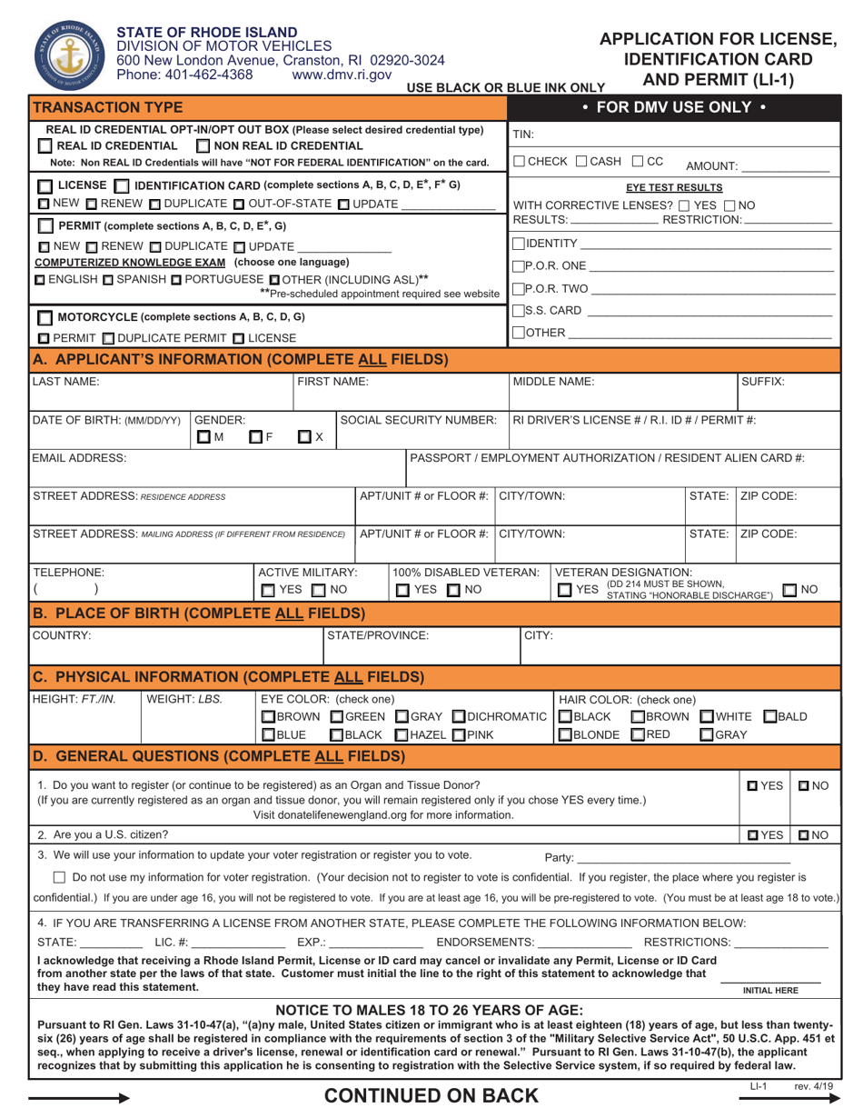 Form LI-1 Application for License, Identification Card and Permit - Rhode Island, Page 1