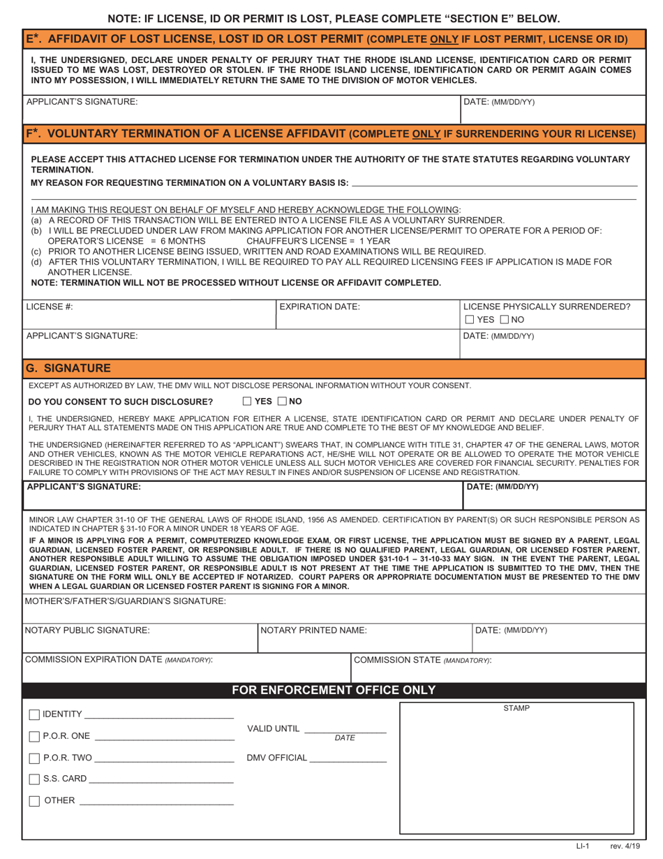 Form LI-1 Application for License, Identification Card and Permit - Rhode Island, Page 2