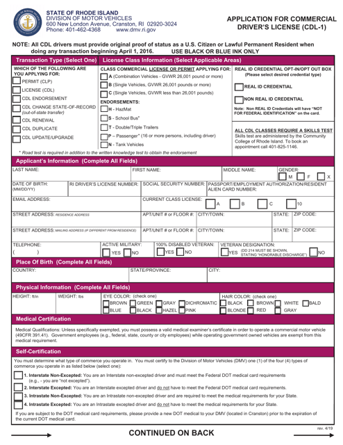 Form CDL-1 Application for Commercial Driver's License - Rhode Island